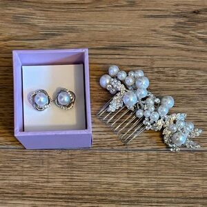 Pearl and swarovski crystal earrings with pearl hair clip